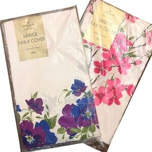 Vtg Floral Bridge Table Square Covers 44"x 44" HALLMARK Spring Paper Tablecloth